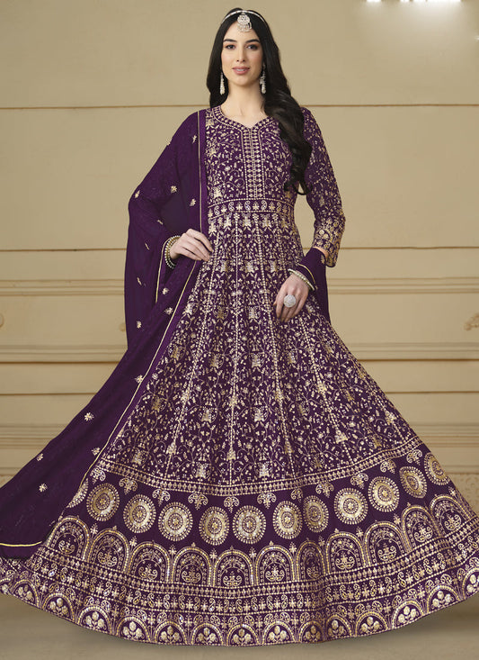 Designer Violet Faux Georgette Embroidery Anarkali Suit
