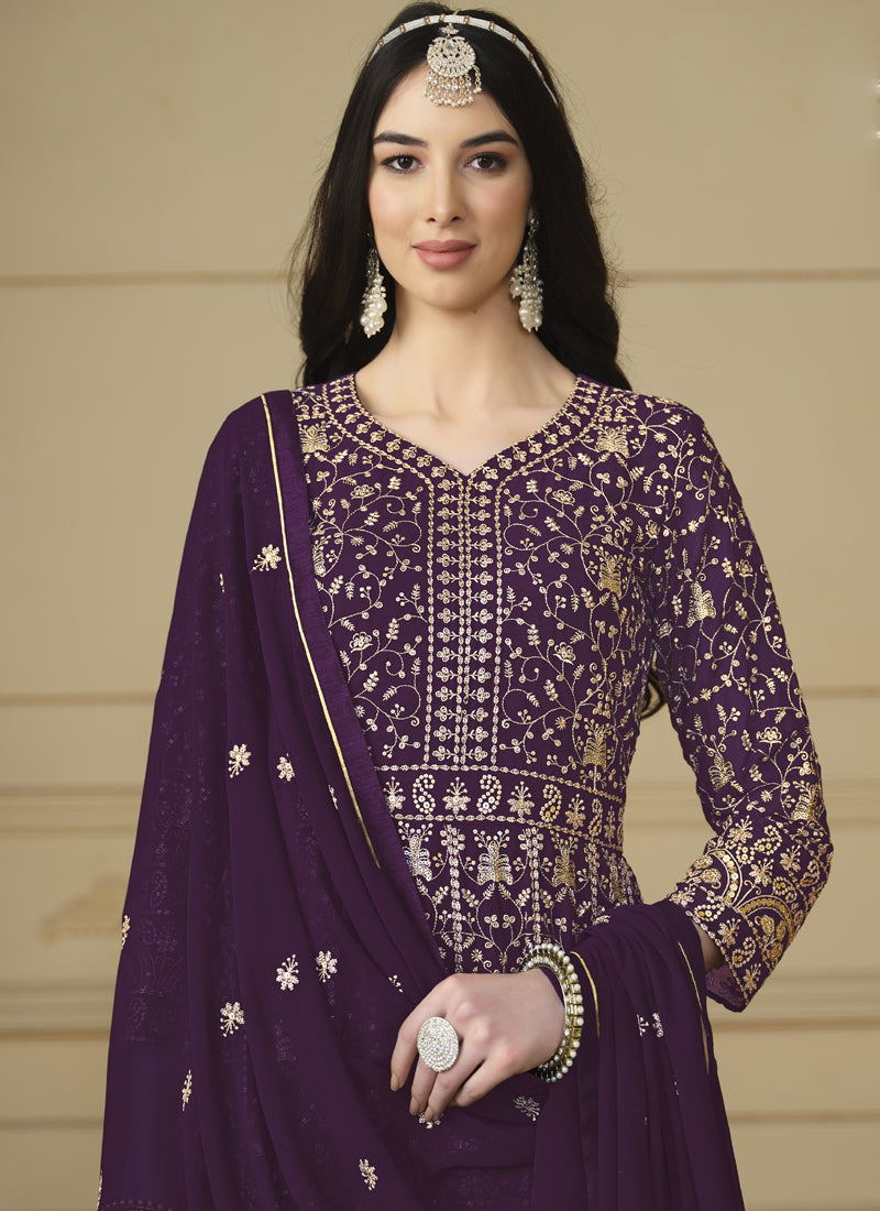 Designer Violet Faux Georgette Embroidery Anarkali Suit