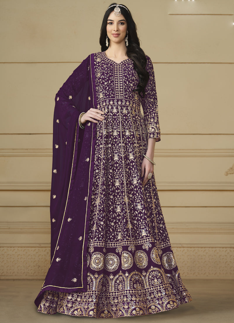 Designer Violet Faux Georgette Embroidery Anarkali Suit
