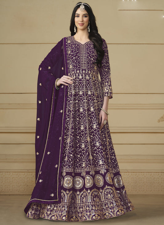 Designer Violet Faux Georgette Embroidery Anarkali Suit