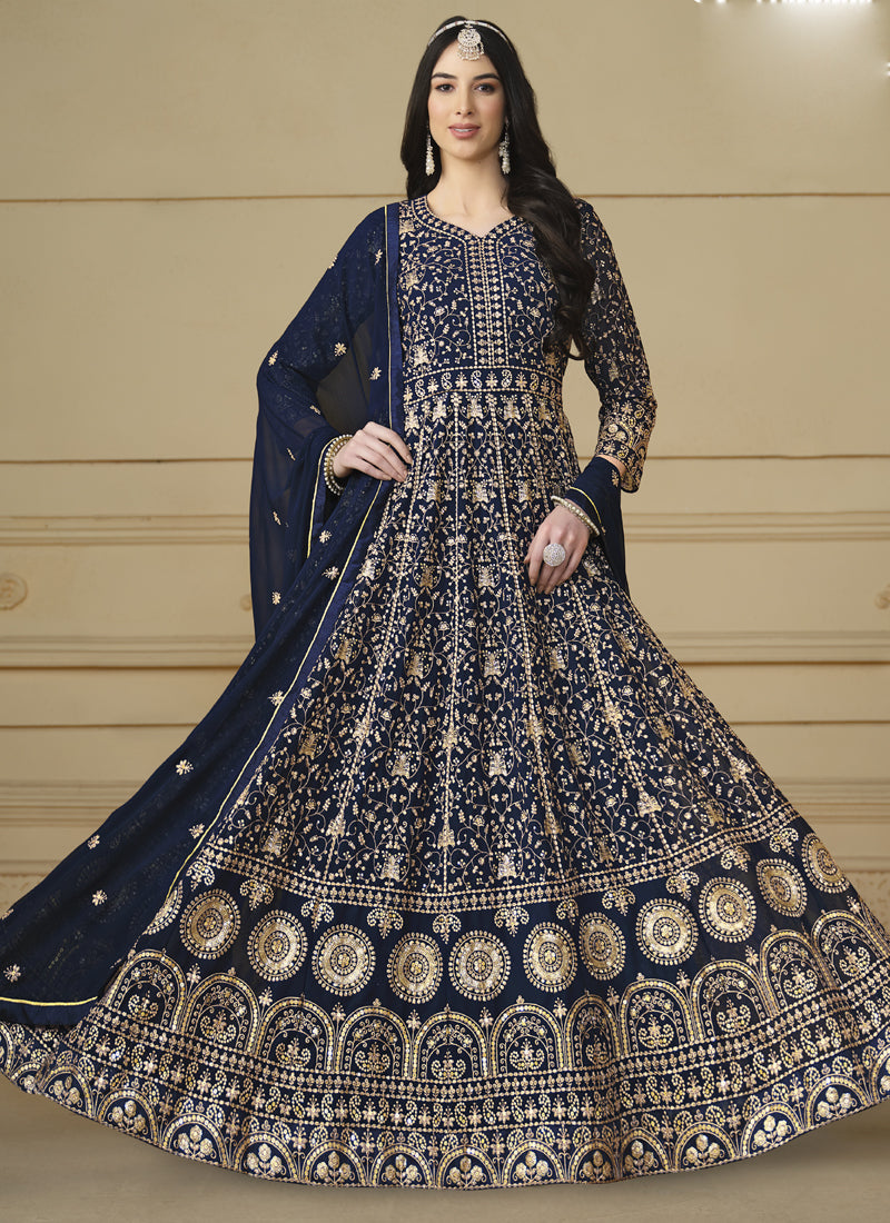 Designer Navy Blue Faux Georgette Embroidery Anarkali Suit