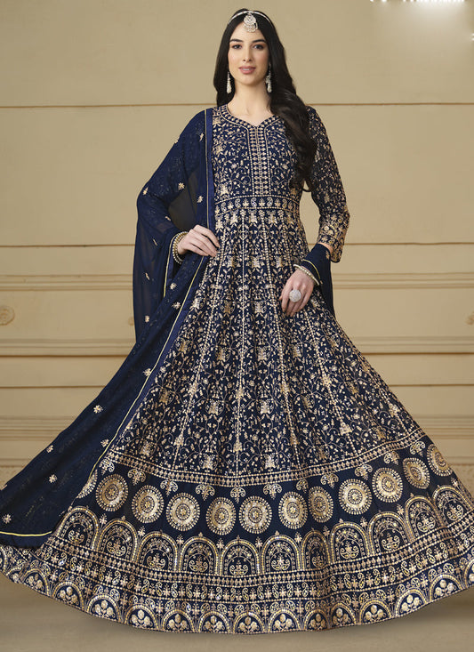 Designer Navy Blue Faux Georgette Embroidery Anarkali Suit