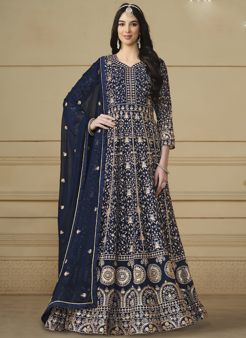 Designer Navy Blue Faux Georgette Embroidery Anarkali Suit