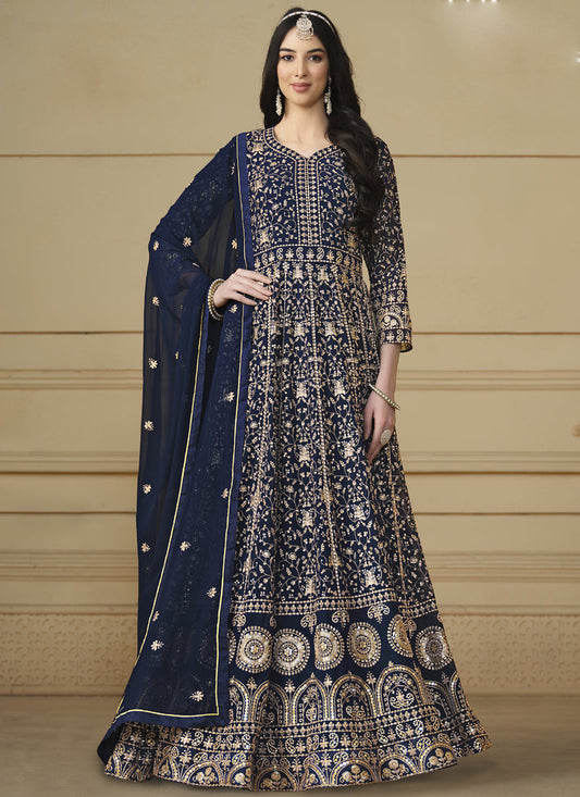 Designer Navy Blue Faux Georgette Embroidery Anarkali Suit