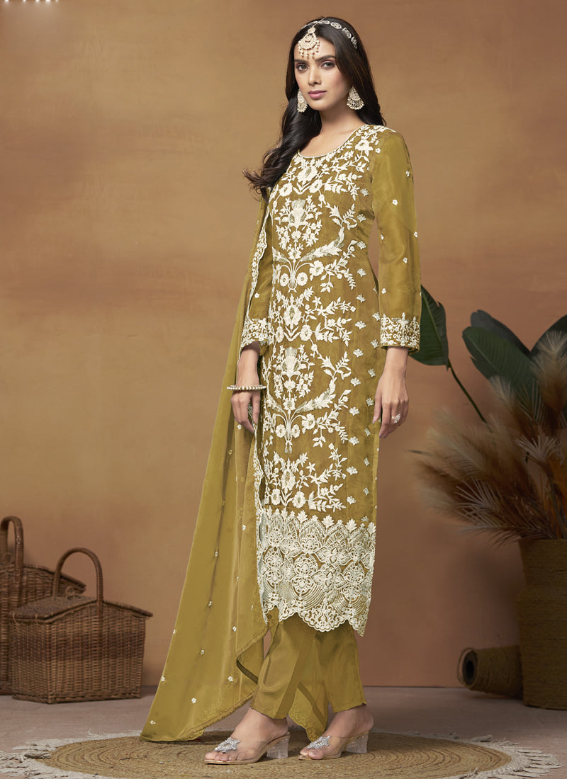 Mustard Soft Organza Embroidered Salwar Suit