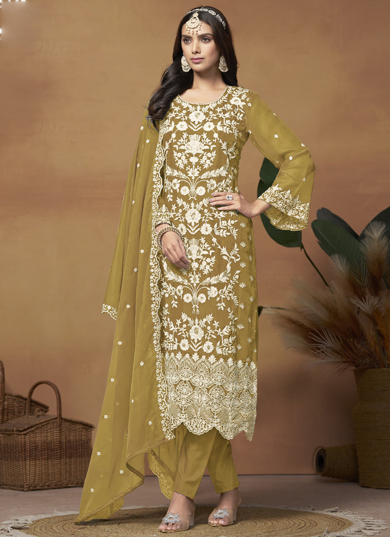 Mustard Soft Organza Embroidered Salwar Suit