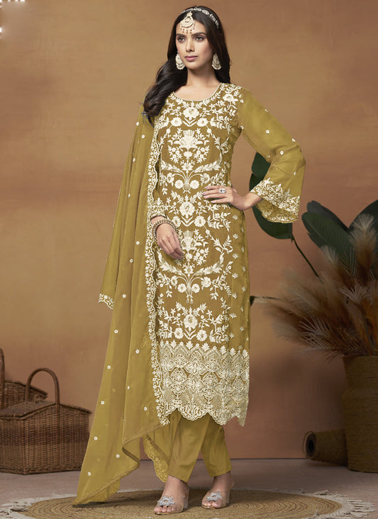 Mustard Soft Organza Embroidered Salwar Suit