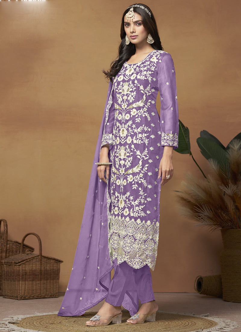 Lavender Soft Organza Embroidered Salwar Suit
