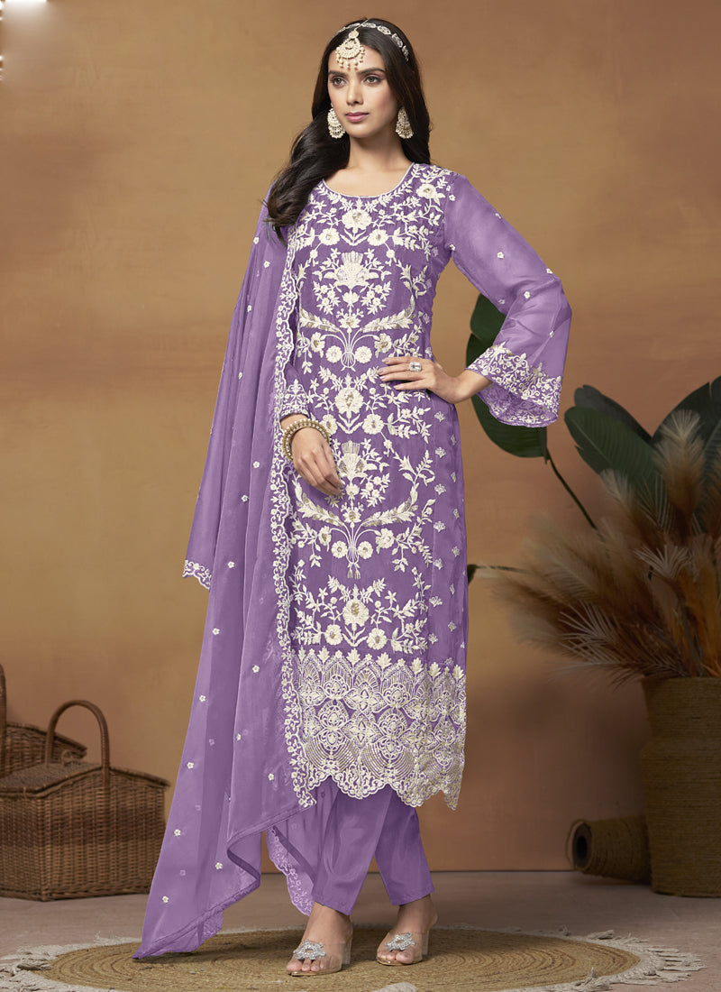 Lavender Soft Organza Embroidered Salwar Suit