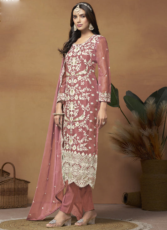 Peach Soft Organza Embroidered Salwar Suit