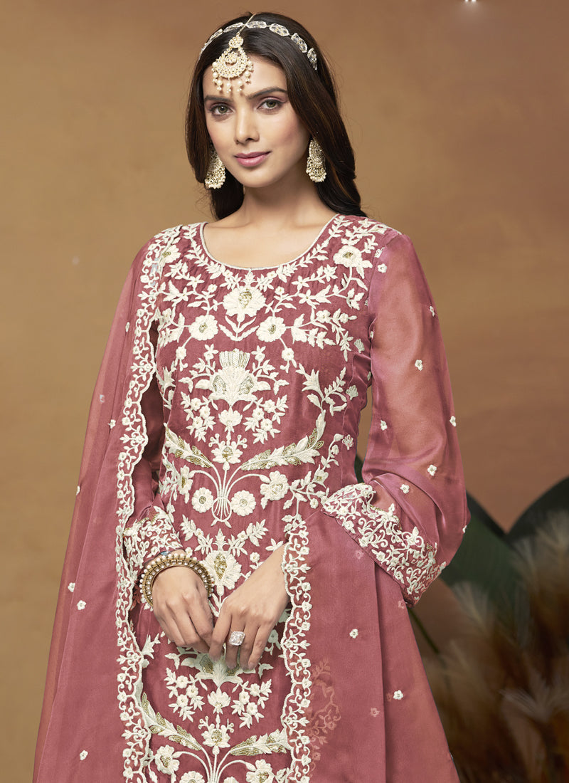 Peach Soft Organza Embroidered Salwar Suit