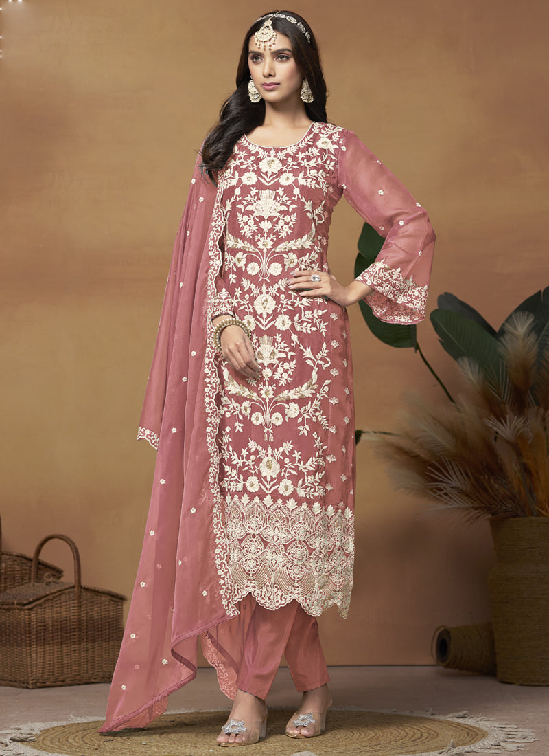 Peach Soft Organza Embroidered Salwar Suit
