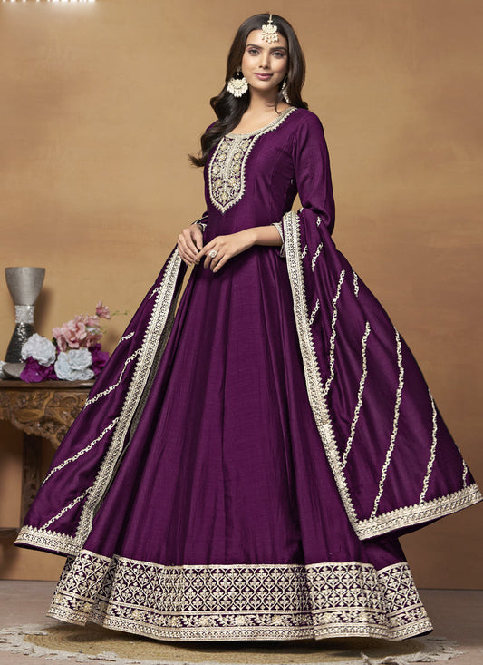 Wine Art Silk Embroidered Anarkali Suit