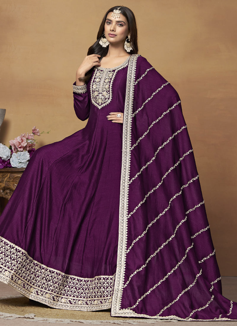 Wine Art Silk Embroidered Anarkali Suit
