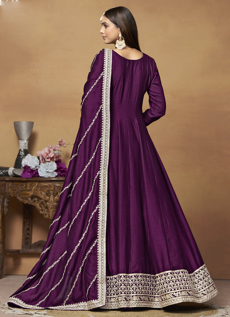 Wine Art Silk Embroidered Anarkali Suit