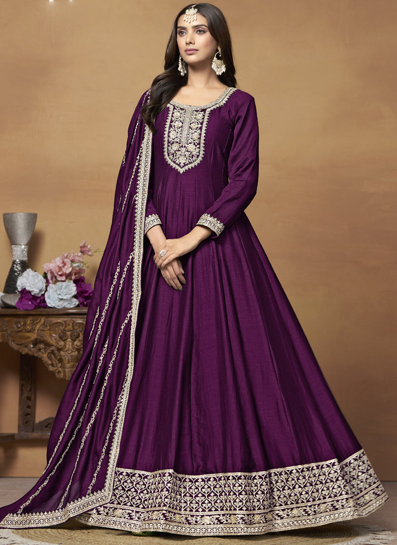 Wine Art Silk Embroidered Anarkali Suit