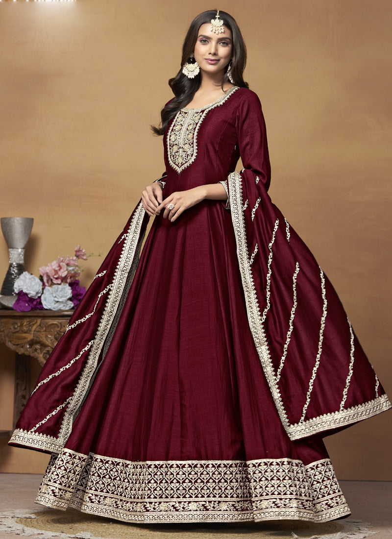 Maroon Art Silk Embroidered Anarkali Suit