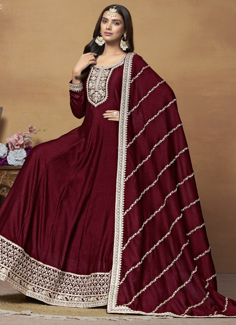 Maroon Art Silk Embroidered Anarkali Suit