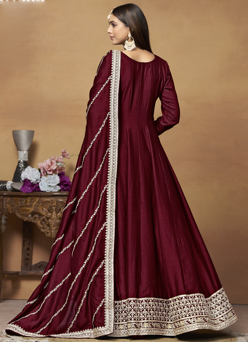 Maroon Art Silk Embroidered Anarkali Suit