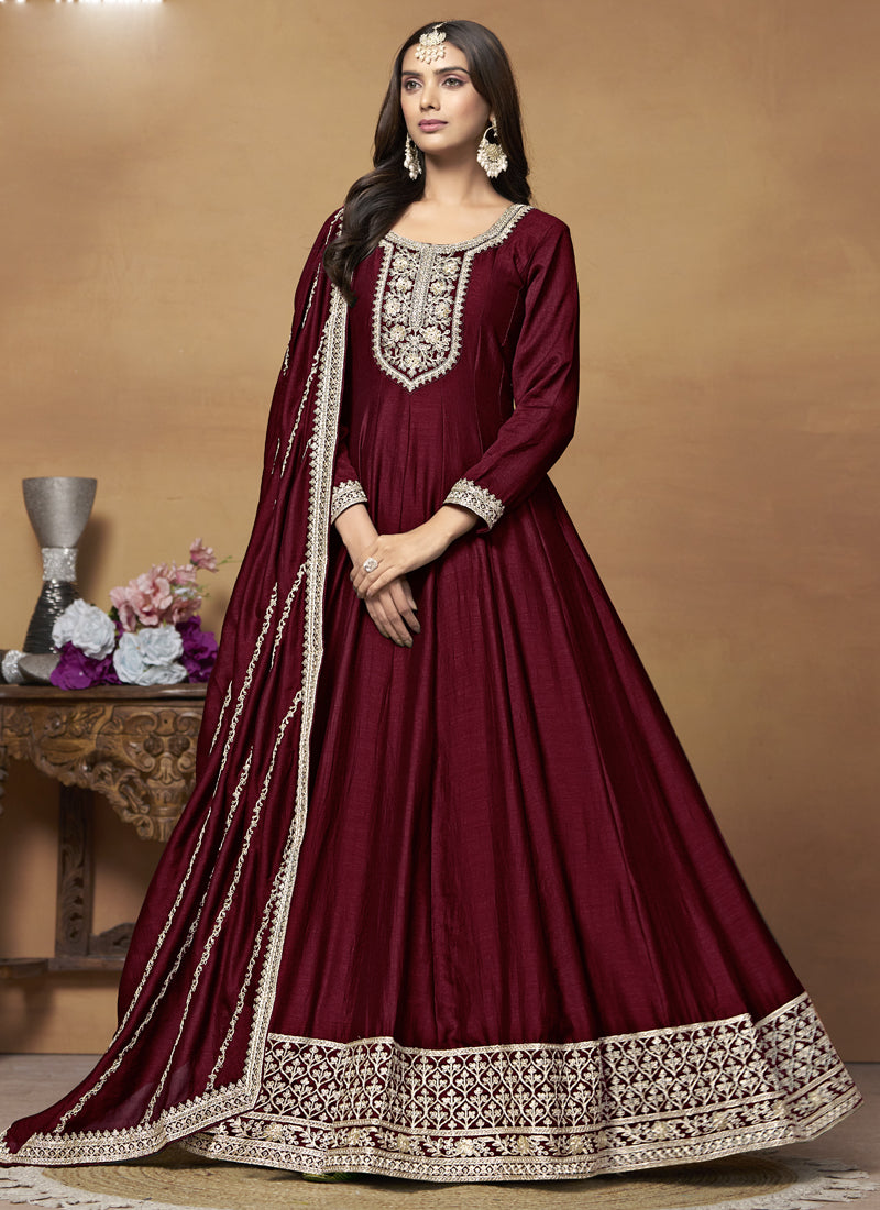 Maroon Art Silk Embroidered Anarkali Suit