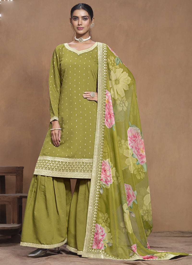 Parrot Green Roman Silk Embroidered Palazzo Suit