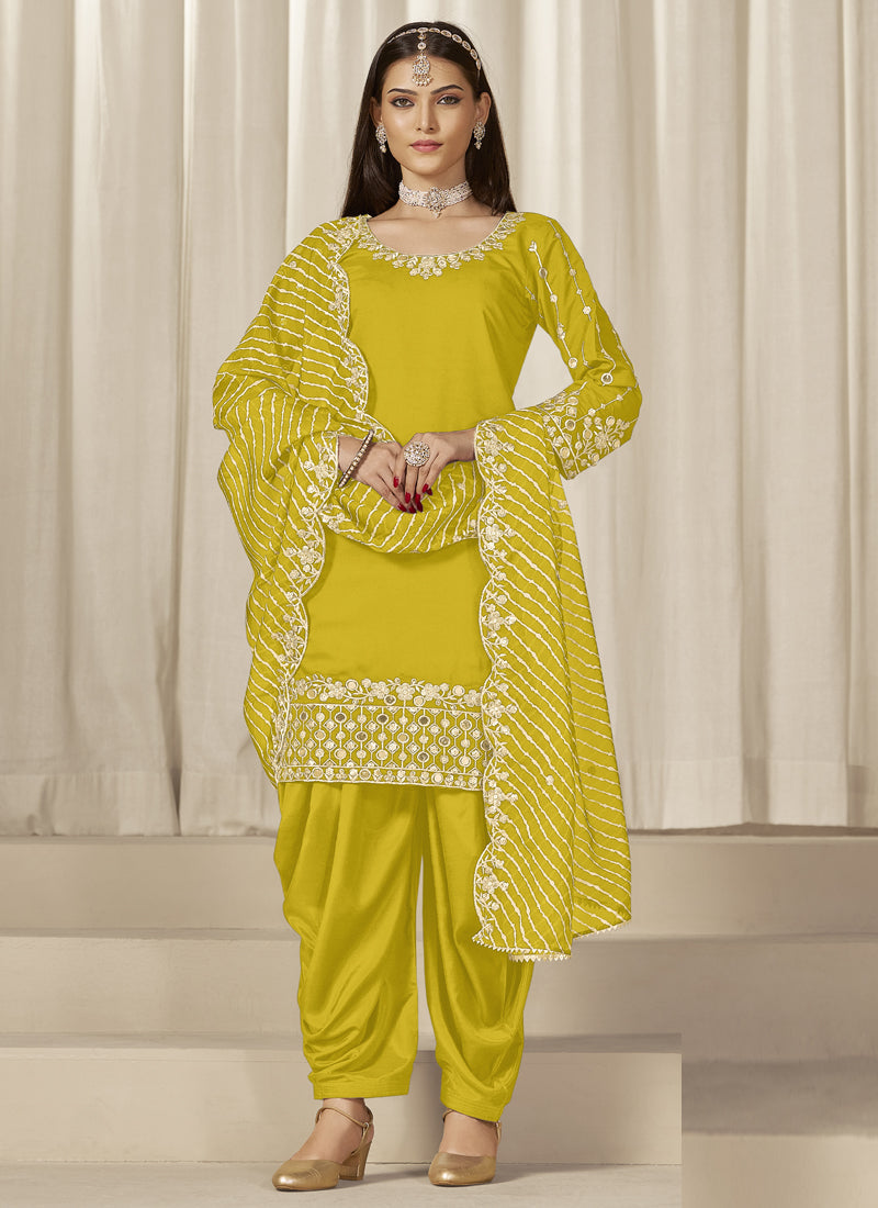 Yellow Roman Silk Embroidered Salwar Suit