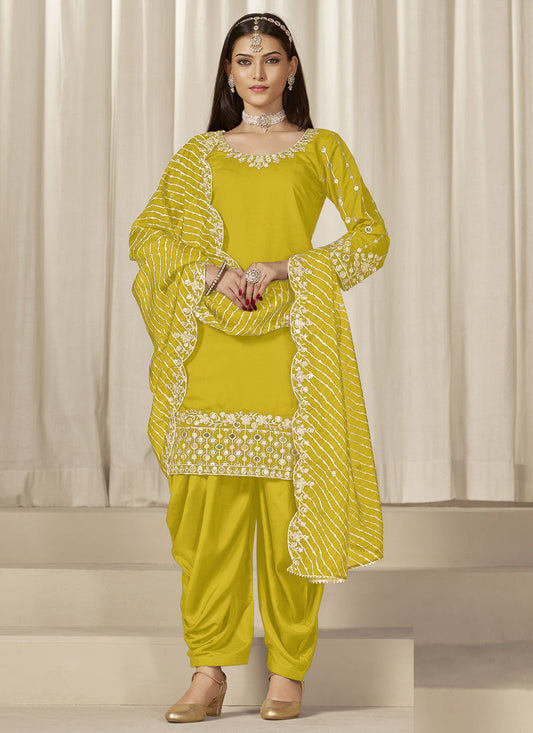 Yellow Roman Silk Embroidered Salwar Suit