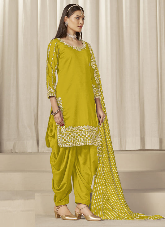 Yellow Roman Silk Embroidered Salwar Suit