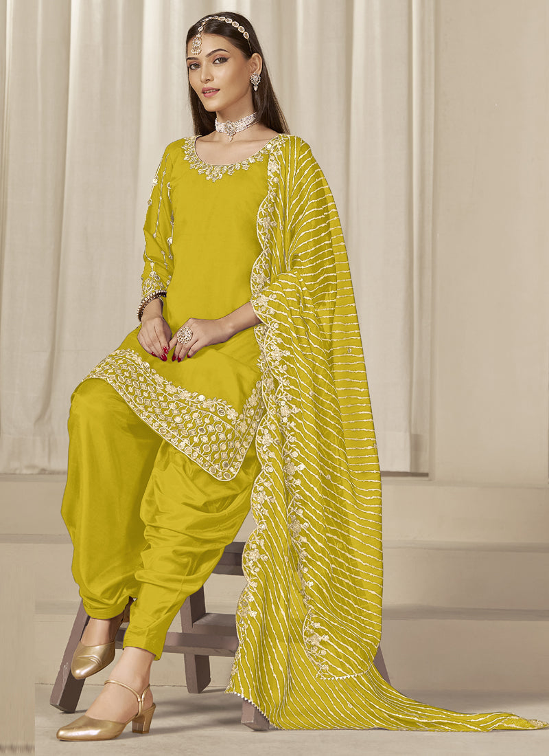 Yellow Roman Silk Embroidered Salwar Suit