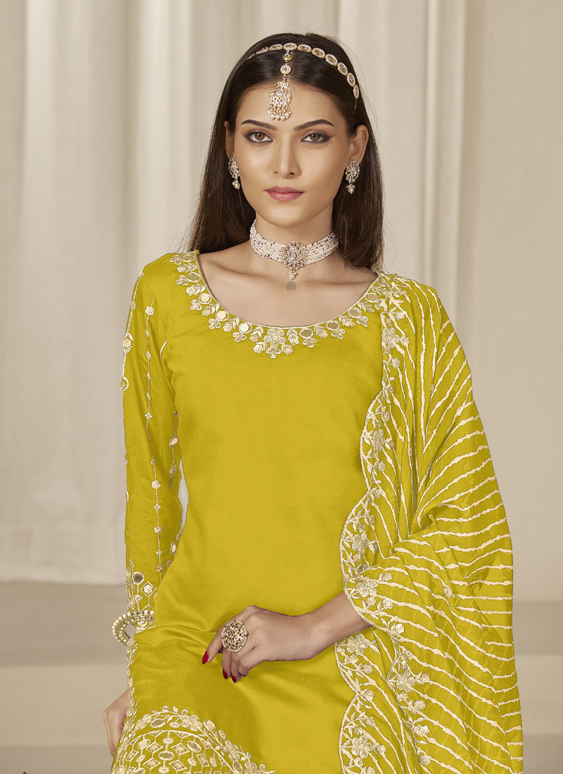 Yellow Roman Silk Embroidered Salwar Suit