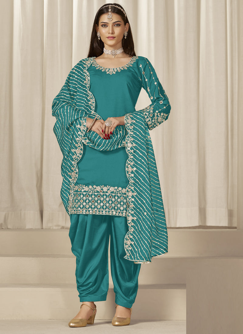 Turquoise Roman Silk Embroidered Salwar Suit