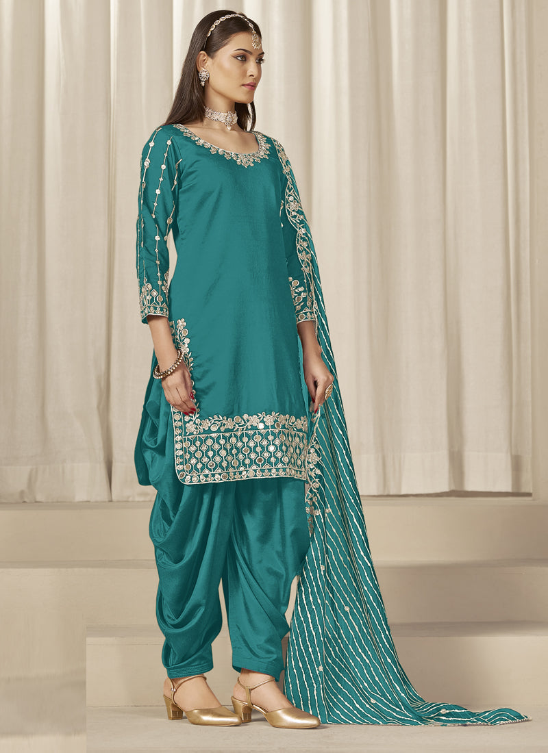 Turquoise Roman Silk Embroidered Salwar Suit