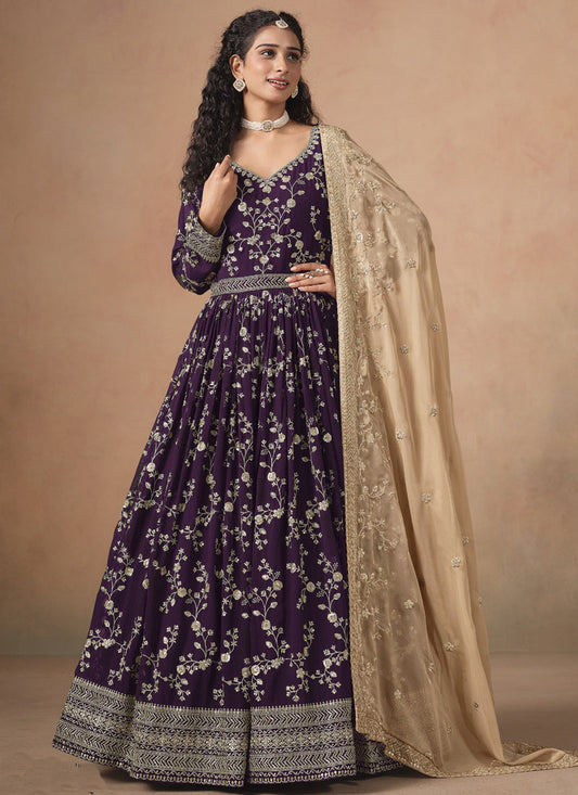 Purple Georgette Embroidered Anarkali Wedding Wear Suit