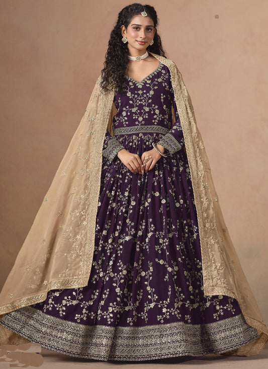 Purple Georgette Embroidered Anarkali Wedding Wear Suit