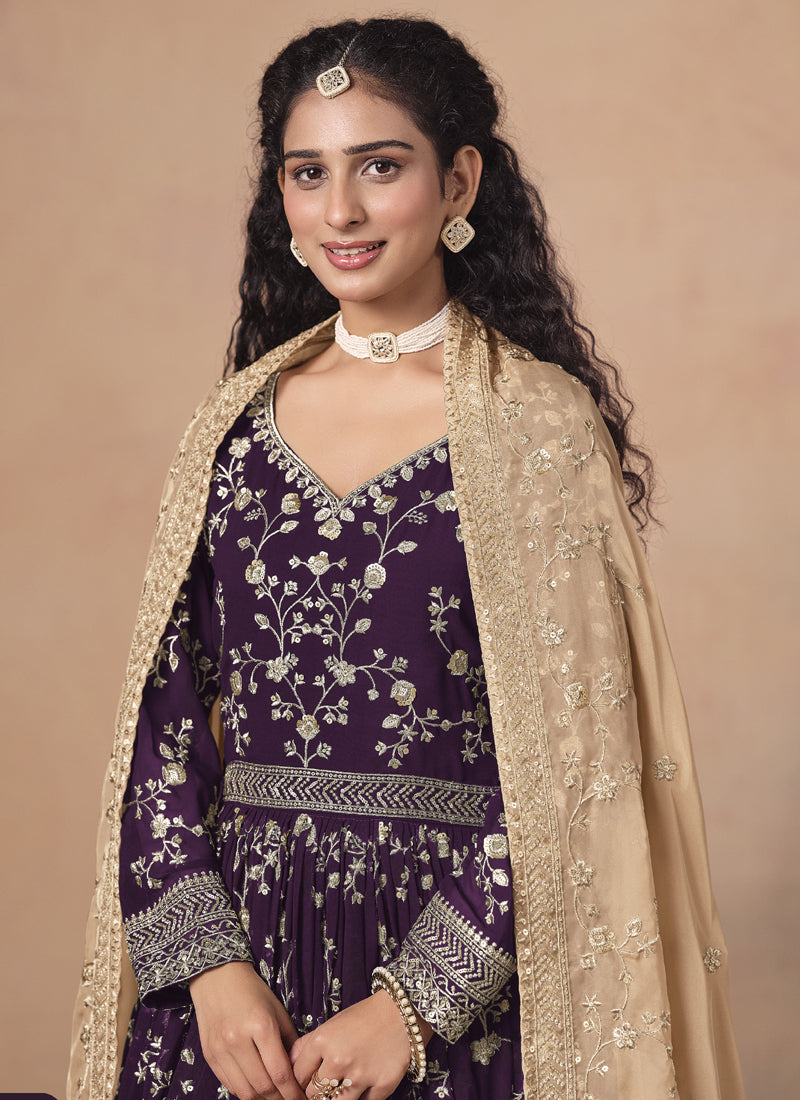Purple Georgette Embroidered Anarkali Wedding Wear Suit