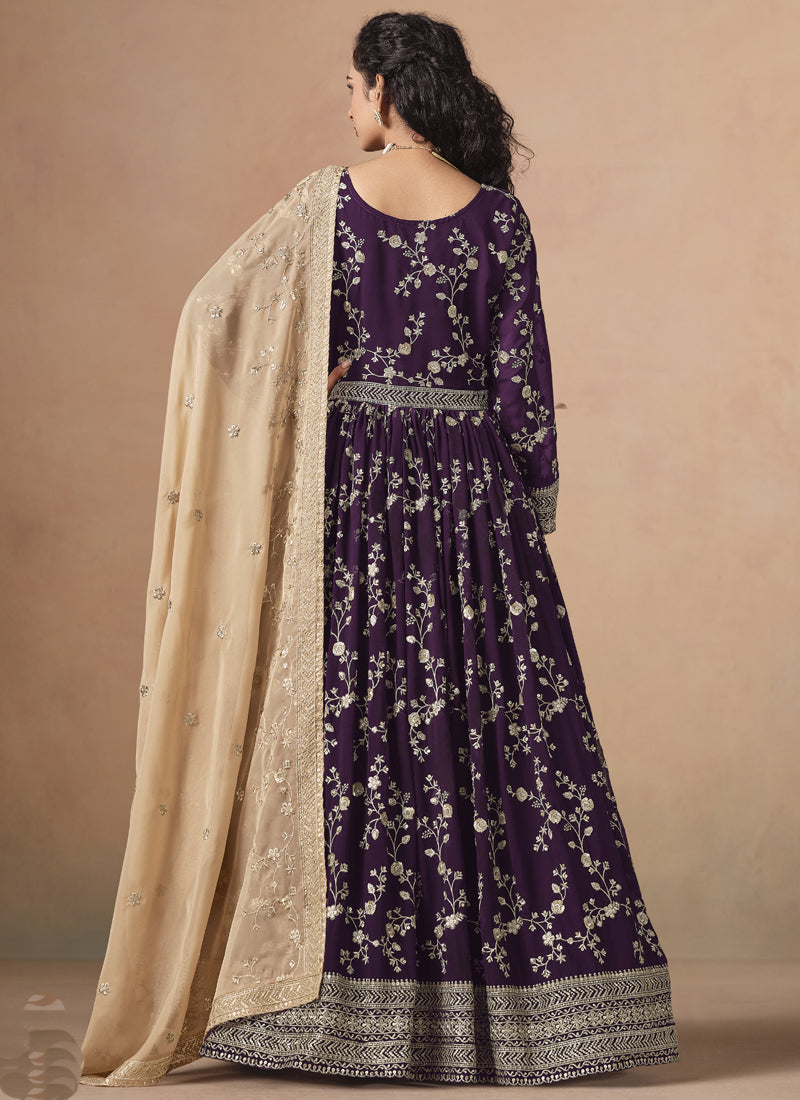 Purple Georgette Embroidered Anarkali Wedding Wear Suit