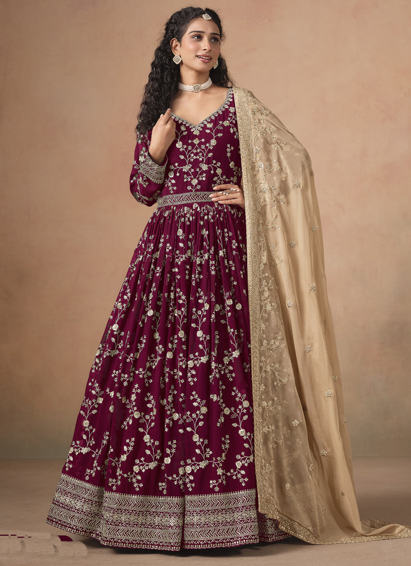 Maroon Georgette Embroidered Anarkali Wedding Wear Suit