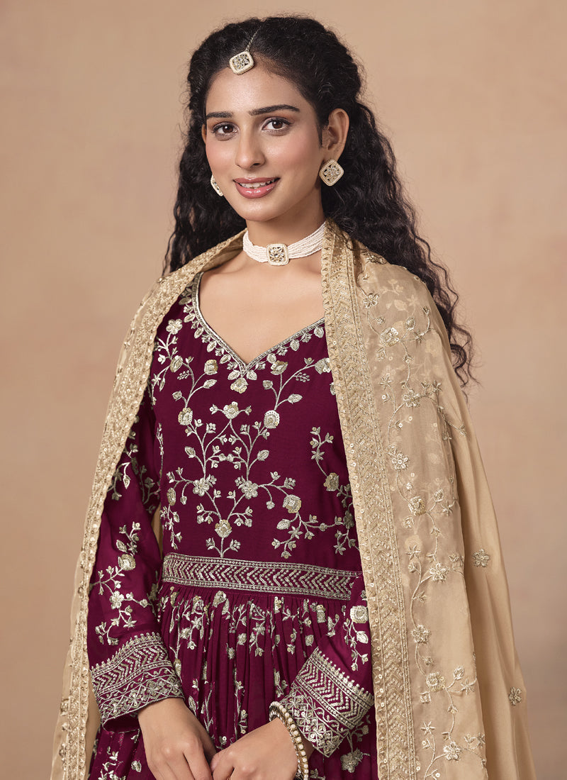 Maroon Georgette Embroidered Anarkali Wedding Wear Suit