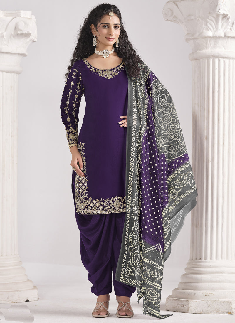 Violet Roman Silk Mirror Work Salwar Suit For Festival