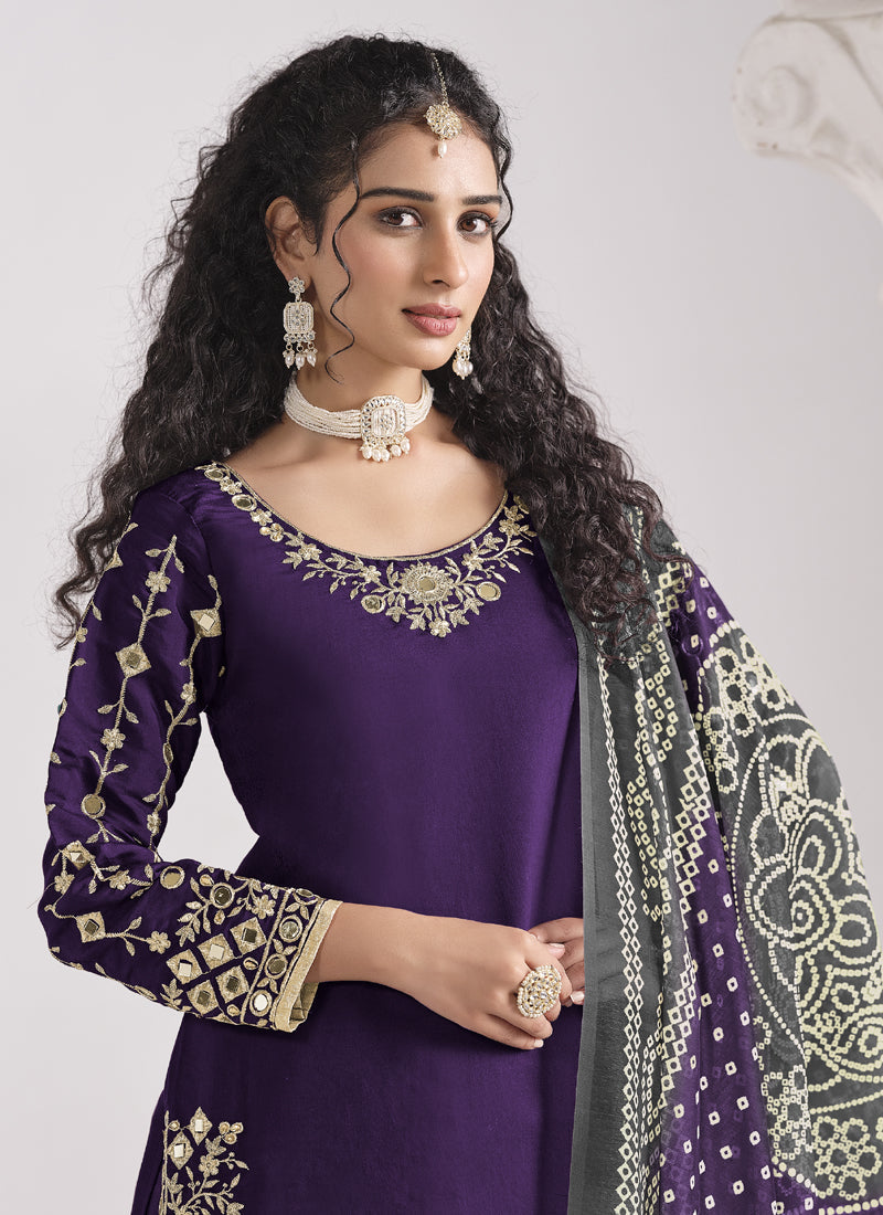Violet Roman Silk Mirror Work Salwar Suit For Festival