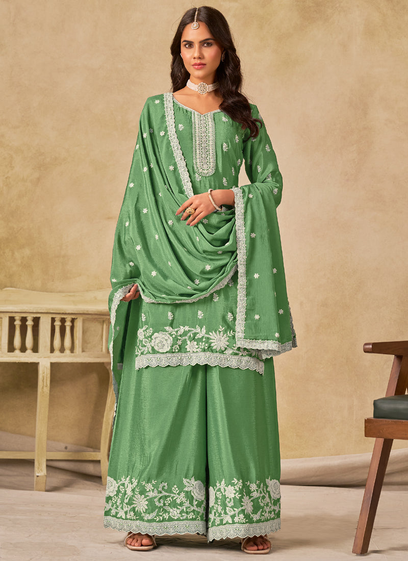 Parrot Green Chinon Silk Embroidered Designer Palazzo Suit
