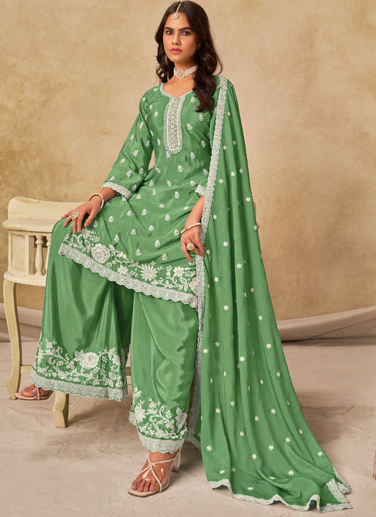 Parrot Green Chinon Silk Embroidered Designer Palazzo Suit