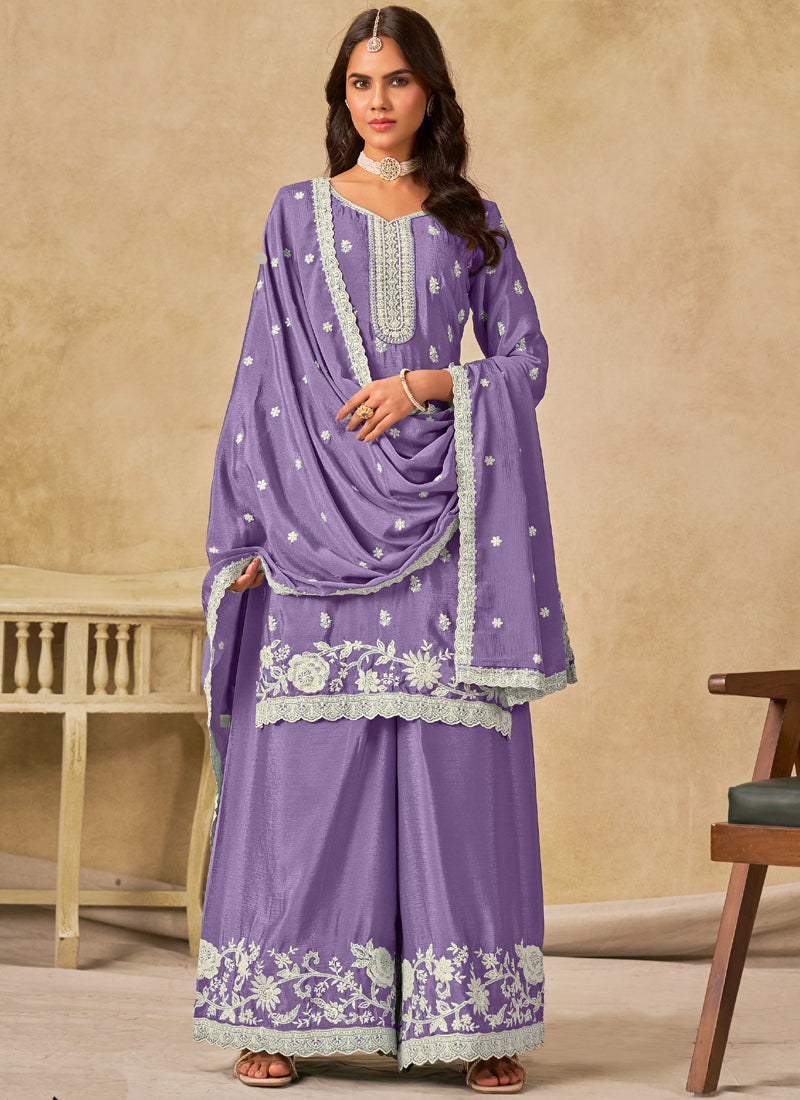 Lavender Chinon Silk Embroidered Designer Palazzo Suit