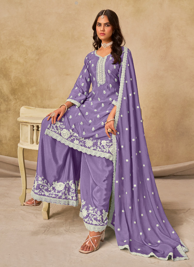 Lavender Chinon Silk Embroidered Designer Palazzo Suit