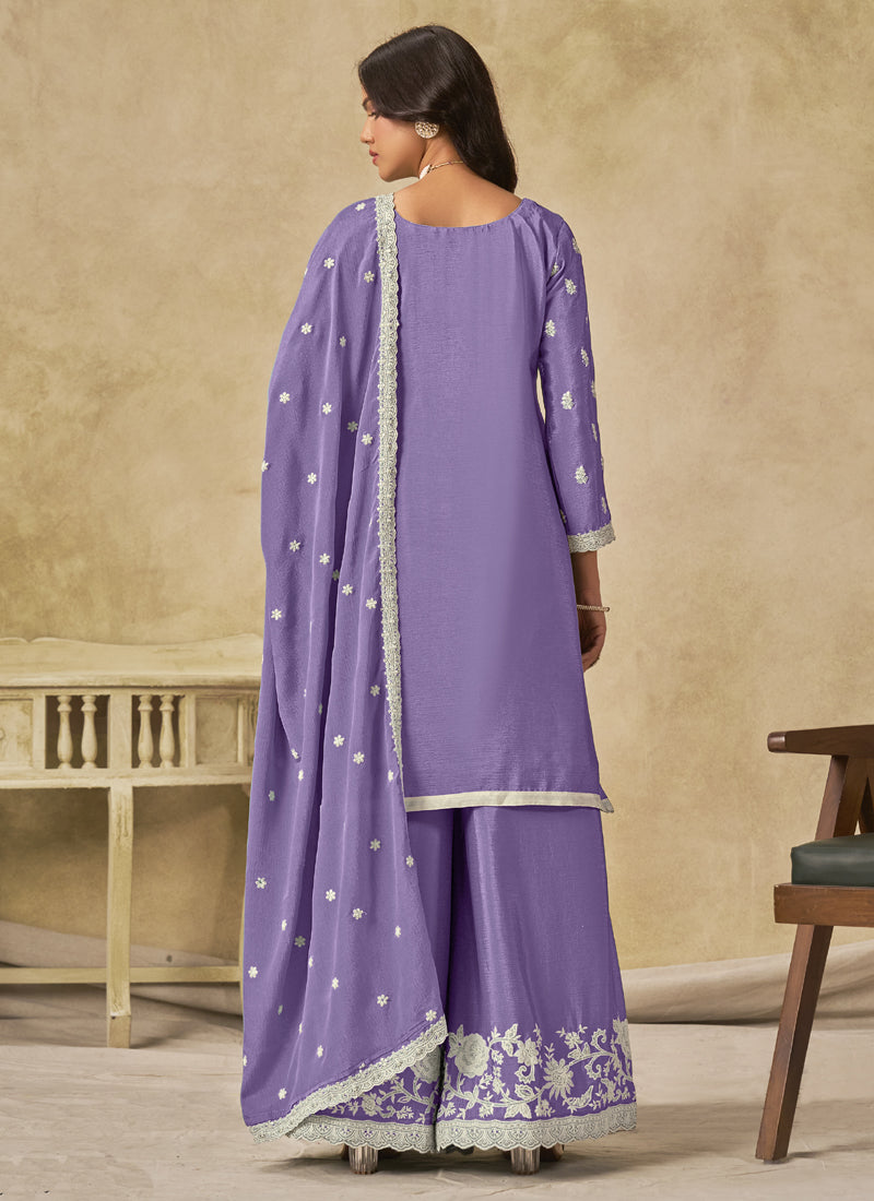Lavender Chinon Silk Embroidered Designer Palazzo Suit