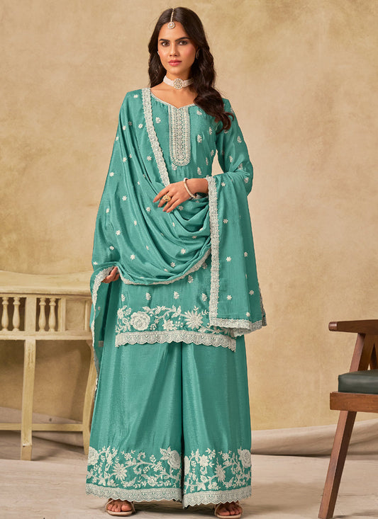 Sea Green Chinon Silk Embroidered Designer Palazzo Suit