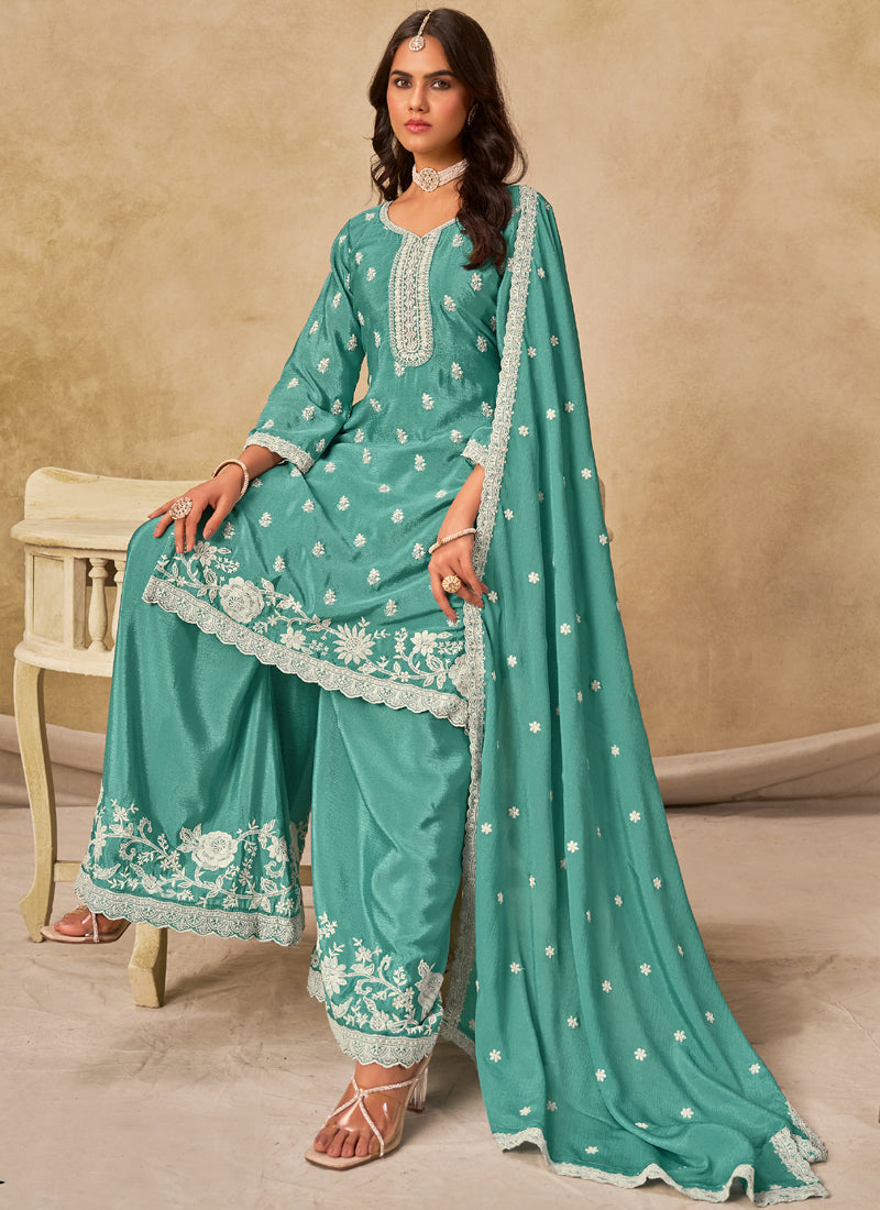 Sea Green Chinon Silk Embroidered Designer Palazzo Suit