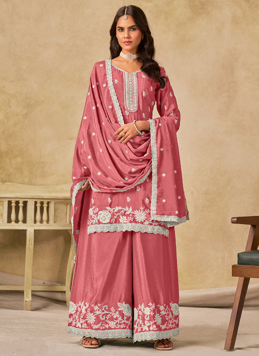 Peach Chinon Silk Embroidered Designer Palazzo Suit