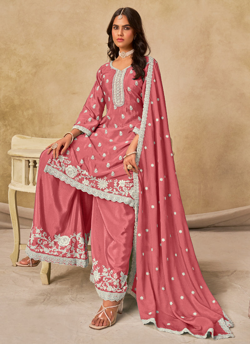 Peach Chinon Silk Embroidered Designer Palazzo Suit