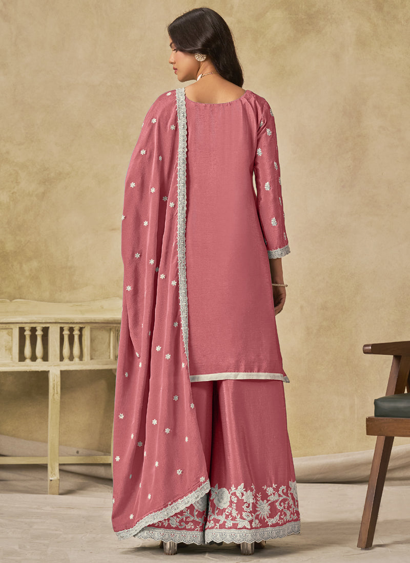 Peach Chinon Silk Embroidered Designer Palazzo Suit